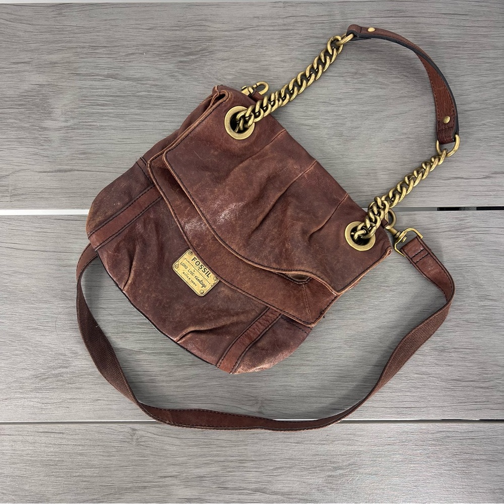 Fossil Brown Leather Chain Crossbody Shoulder Bag Boho - Picture 5 of 10